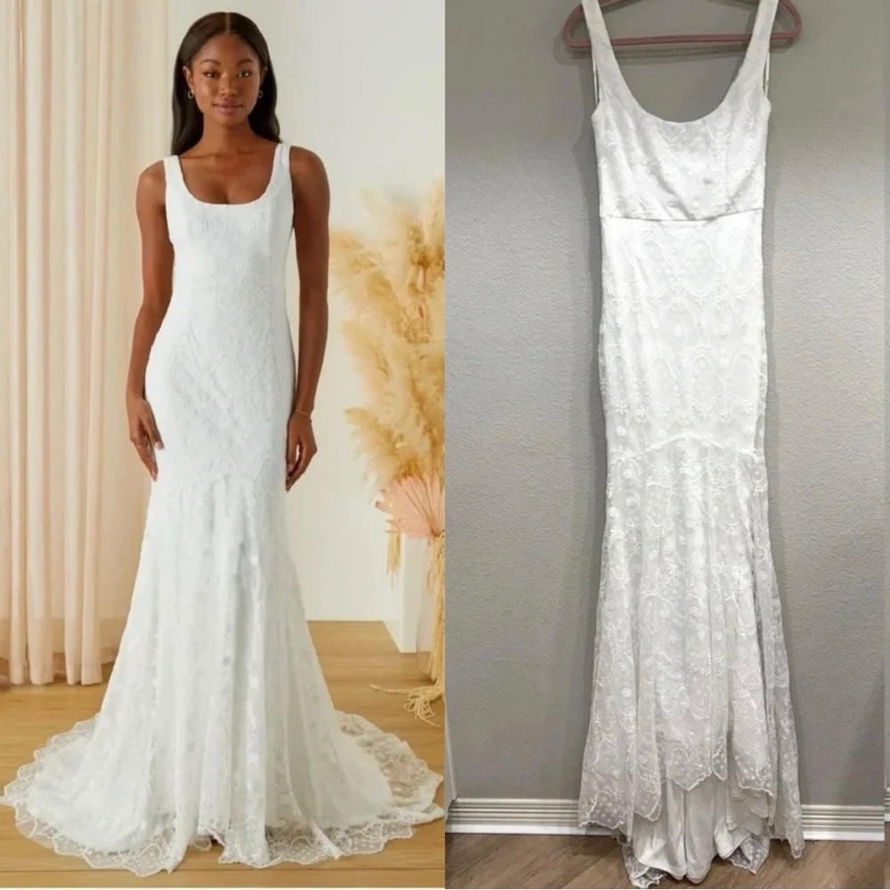 Lulu's White Lace Scoop-Neck Mermaid Bridal Gown